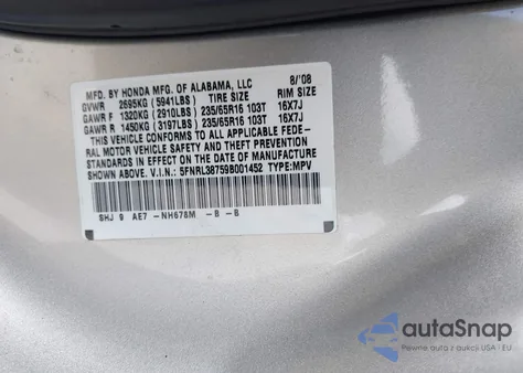 2009 Honda Odyssey Ex-L z USA, uszkodzony, nr VIN 5FNRL38759B001452